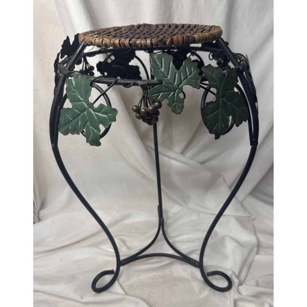 Vintage Wrought Iron Grape Vine Wicker Plant Stand Tuscan Vineyard Garden Leaf